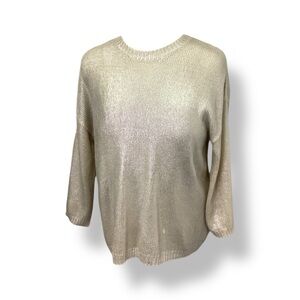Catherine Malandrino Women’s Crewneck Sweater Metallic Shiny Silver Over Cream M